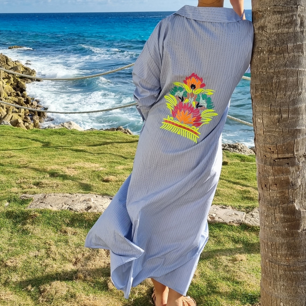 RESORT COLLECTION - men shirt style long dress with bright embroidery.